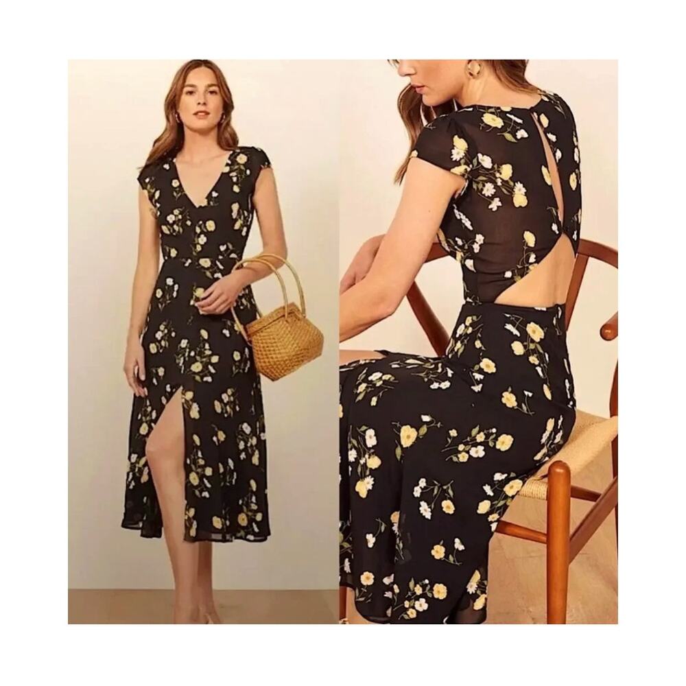 Reformation Wellfleet Dress Piazza Floral Cutout Back Midi Black Size 10